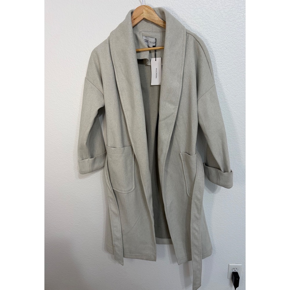 Paulmark Women Grey Shawl Collar Belted Coat K7390 Open Front Wrap Jacket Small